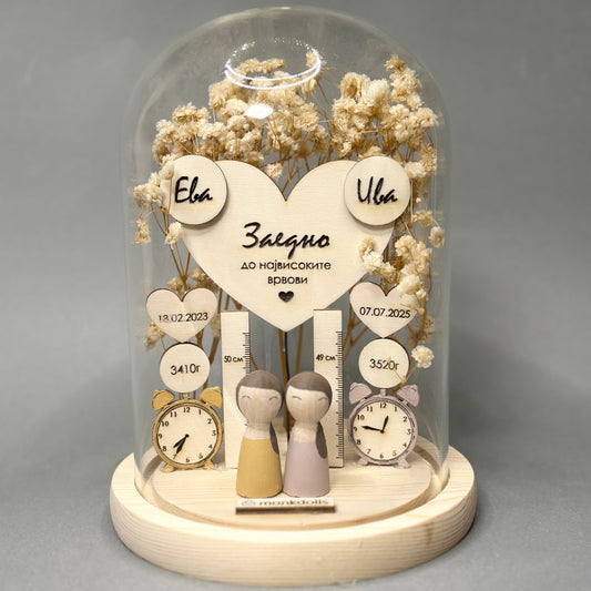 Големо стаклено ѕвоно со податоци за две деца